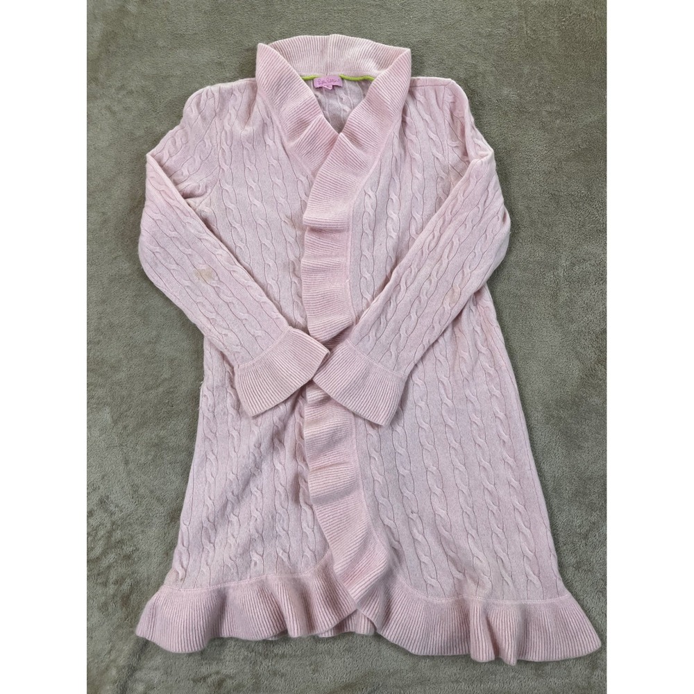 Lilly Pulitzer Cashmere Ruffle Front Cable Knit Open Cardigan women's small pink